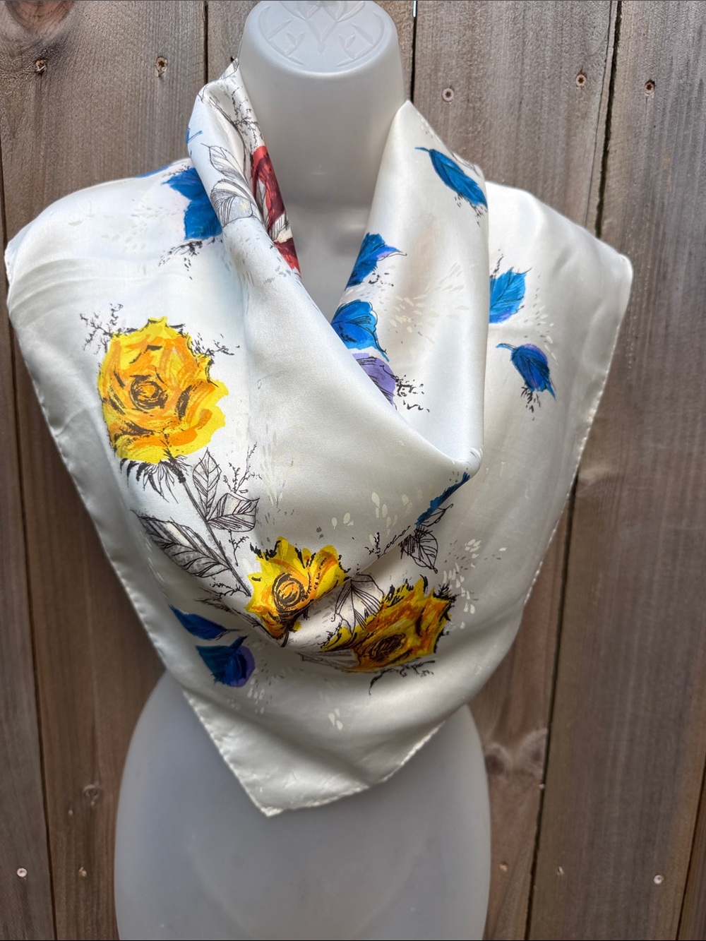 Vintage Floral Silk Square Scarf Yellow Red Blue Rose Print Rolled Hem 1980s